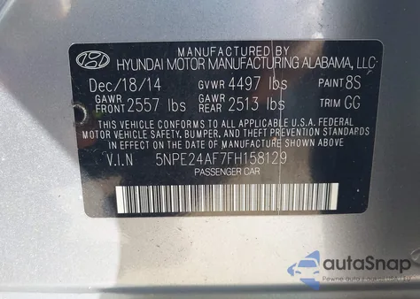 2015 Hyundai Sonata Se из США, поврежденный, VIN 5NPE24AF7FH158129